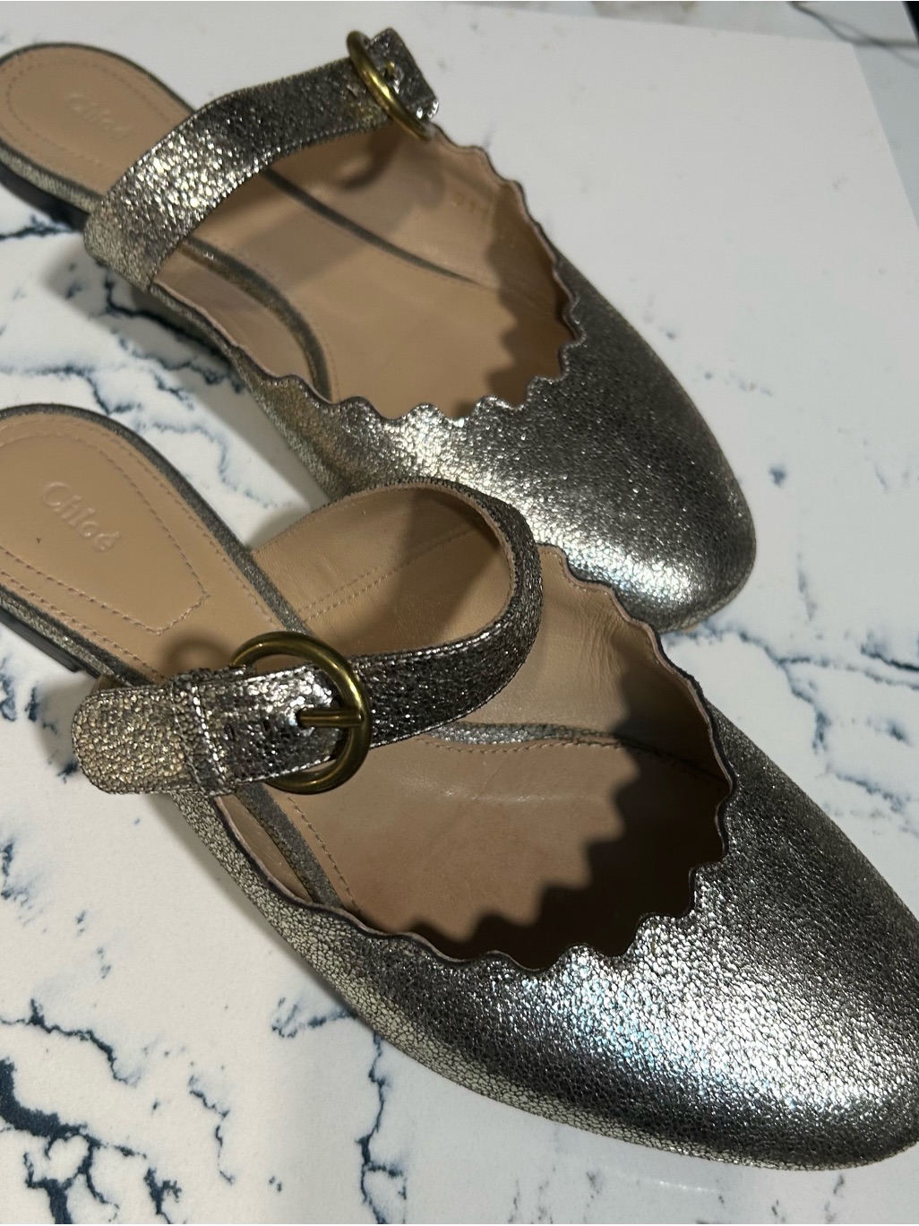 Chloe Metallic Silver Scalloped Strap Mules